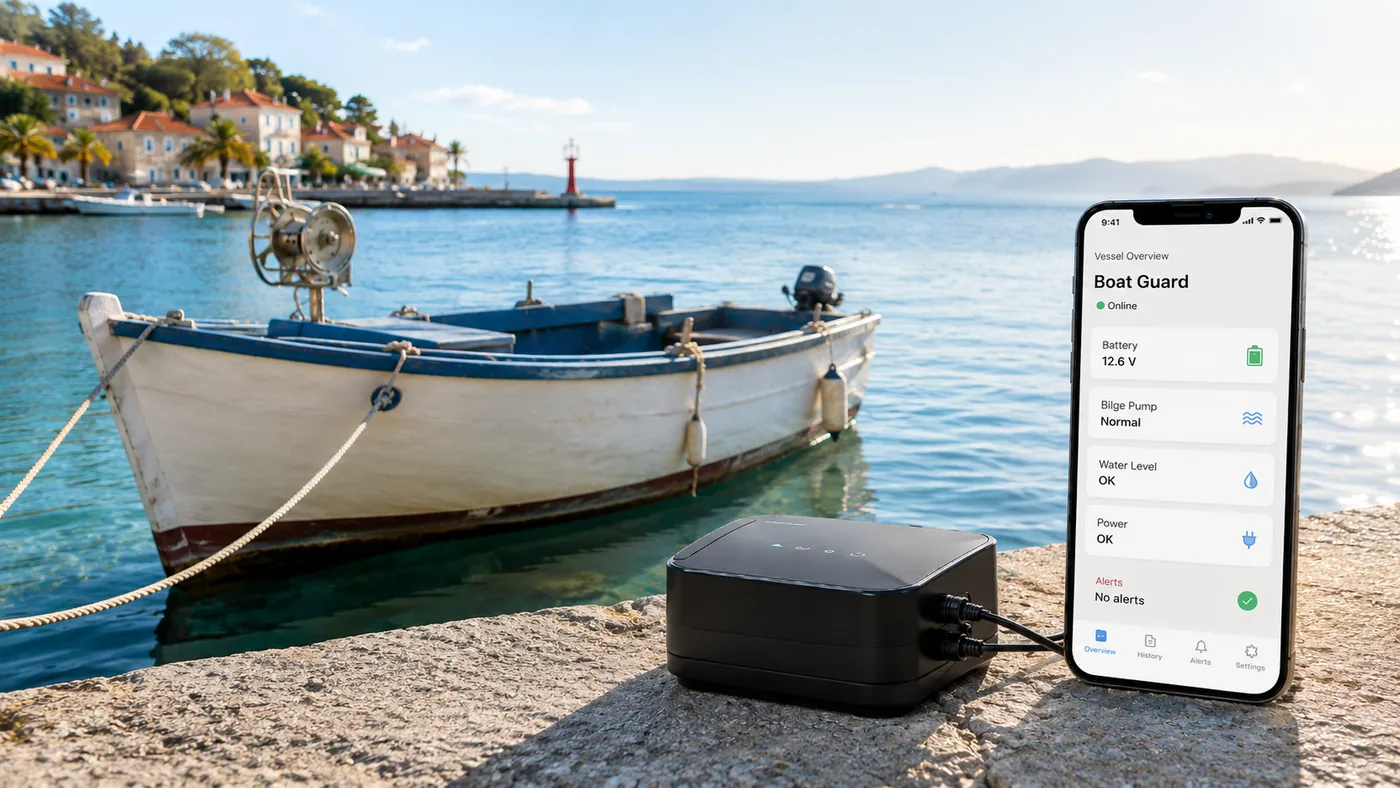 Boat Guard electronic monitoring device beside a phone app showing vessel status and alerts